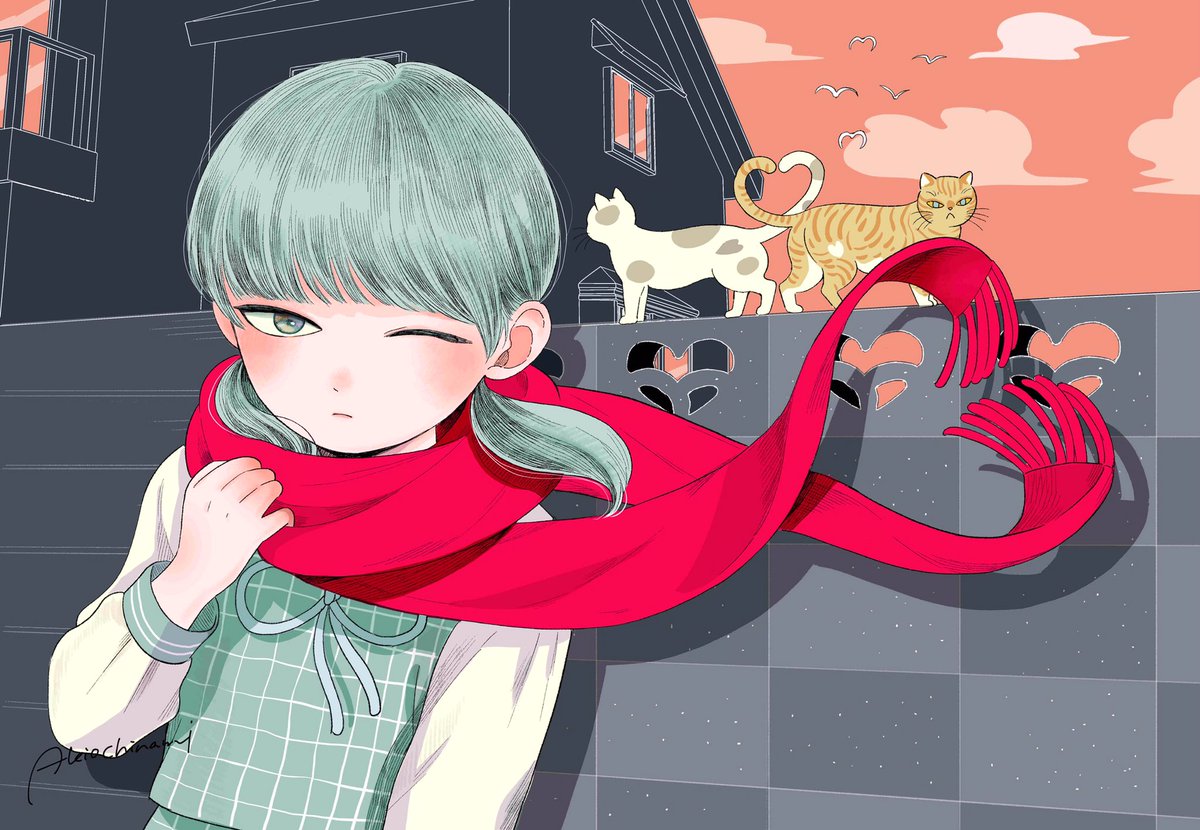 1girl solo one eye closed scarf twintails red scarf long sleeves  illustration images