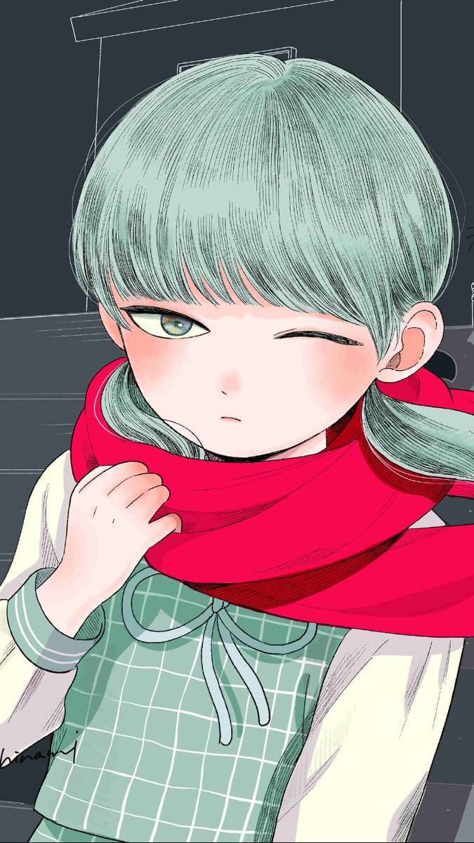 1girl solo one eye closed scarf twintails red scarf long sleeves  illustration images