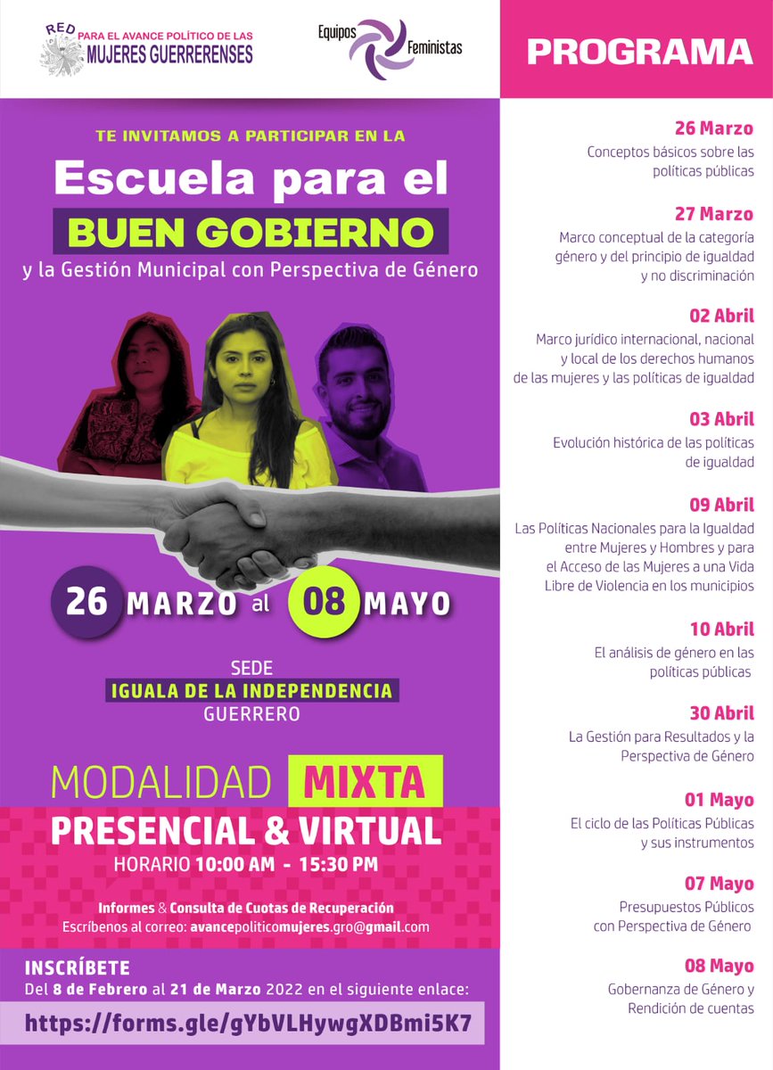 Te invitamos a la Escuela para el Buen Gobierno y la Gestión y Municipal con Perspectiva de Género, en modalidad mixta; Presencial, con sede en Iguala, Guerrero y en modalidad virtual. Informes e inscripciones: avancepoliticomujeres.gro@gmail.com pic.x.com/swAUX1VBCr