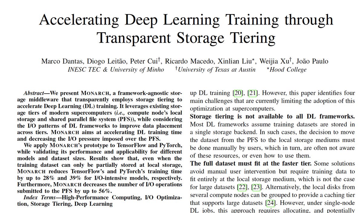 jtmpaulo's tweet photo. Happy to share that our work “Accelerating Deep Learning Training through Transparent Storage Tiering”, led by Marco Dantas and with the collaboration of Diogo Leitão, Peter Cui, @ricardogmacedo, @liu_xinlian, and Weijia Xu was accepted at #CCGrid22! https://t.co/ddl9gH27bR
