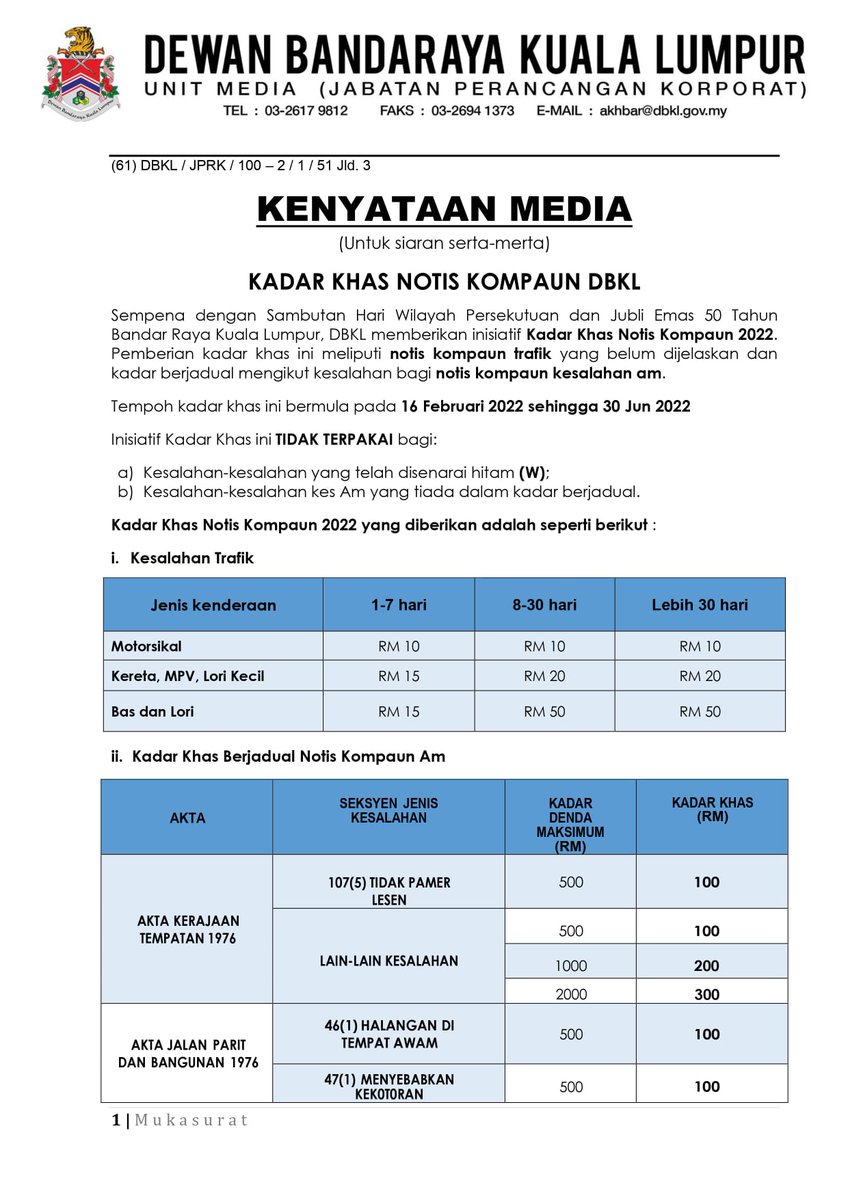 KLNetizens's tweet photo. PENGURANGAN KADAR KOMPAUN DBKL

Sempena sambutan Hari Wilayah dan Jubli Emas, DBKL menawarkan pengurangan kompaun meliputi kompaun trafik dan kompaun kesalahan am. Untuk maklumat lanjut, sila rujuk notis di bawah.

Nak senang check atau bayar, pakai apps MOBIS-DBKL jeee. https://t.co/Wj1GeREyFs