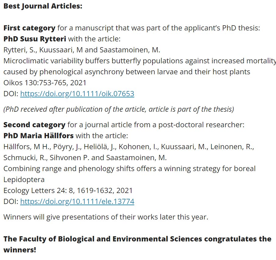 I'm so incredibly happy and honored to have been awarded the prize for the best 2021 article by a postdoc in the Faculty of Biological and Environmental Sciences @helsinkiuni for our paper on range and phenology shifts in Lepidoptera @Ecology_Letters 🙏💪🦋🐛☀️❄️ Thank you!