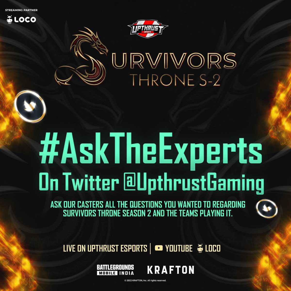 UpthrustGaming's tweet photo. #AskTheExperts On Twitter!
Ask our casters all the questions / queries regarding our ongoing event Upthrust Esports Survivor's Throne Season - 2 and about our upcoming event UE India Rising (Series - 2022)
Shoot your queries now๐๐
#upthrust #capturethethrone https://t.co/sftDgtUeYZ