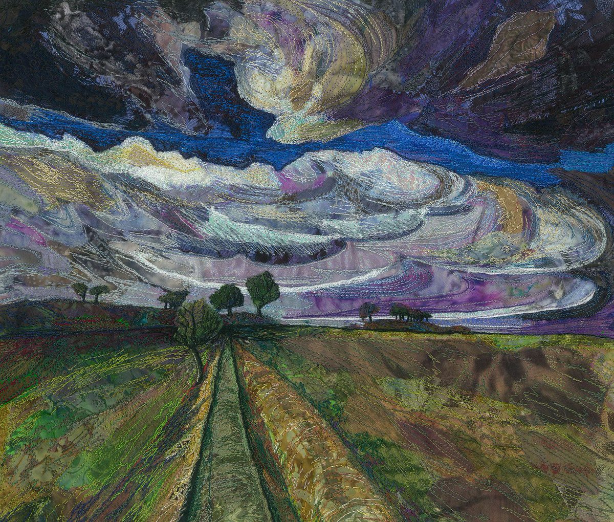 womensart1's tweet photo. 'An Approaching Storm' by UK textile artist Rachel Wright, machine embroidered on calico with various fabrics #WomensArt https://t.co/dg5aa815MP