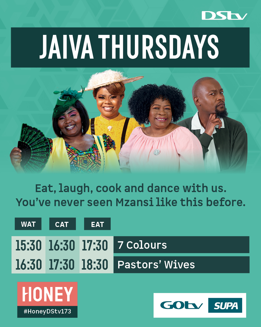 honeyafricatv on X: Eat, laugh, cook and dance with us every Thursday  honeys!😍 It's Jaiva Thursdays and it's where you need to be.💥❤  #HoneyDStv173 7 Colours: WAT 15:30 | CAT 16:30 |