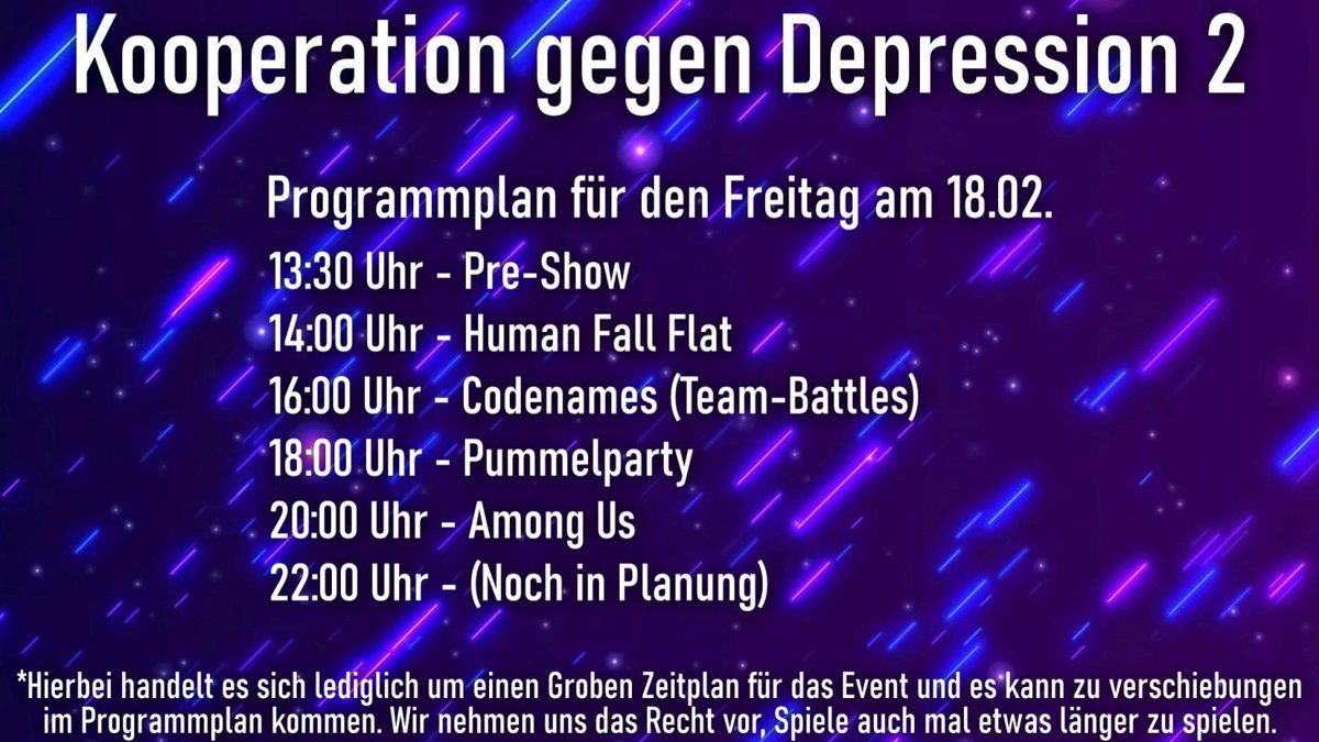 Morgen geht es los! 

Wir sammeln von Freitag bis Sonntag spenden für die Stiftung Deutsche Depressionshilfe! ( <a href="/depr_hilfe/">Stiftung Deutsche Depressionshilfe</a> ) auf <a href="/TwitchDE/">Twitch DE</a> 

Hier auch ein kleiner Überblick auf den geplanten Inhalt (Kann sich auch ändern)! Freue mich drauf! 

retweet appreciated. :)