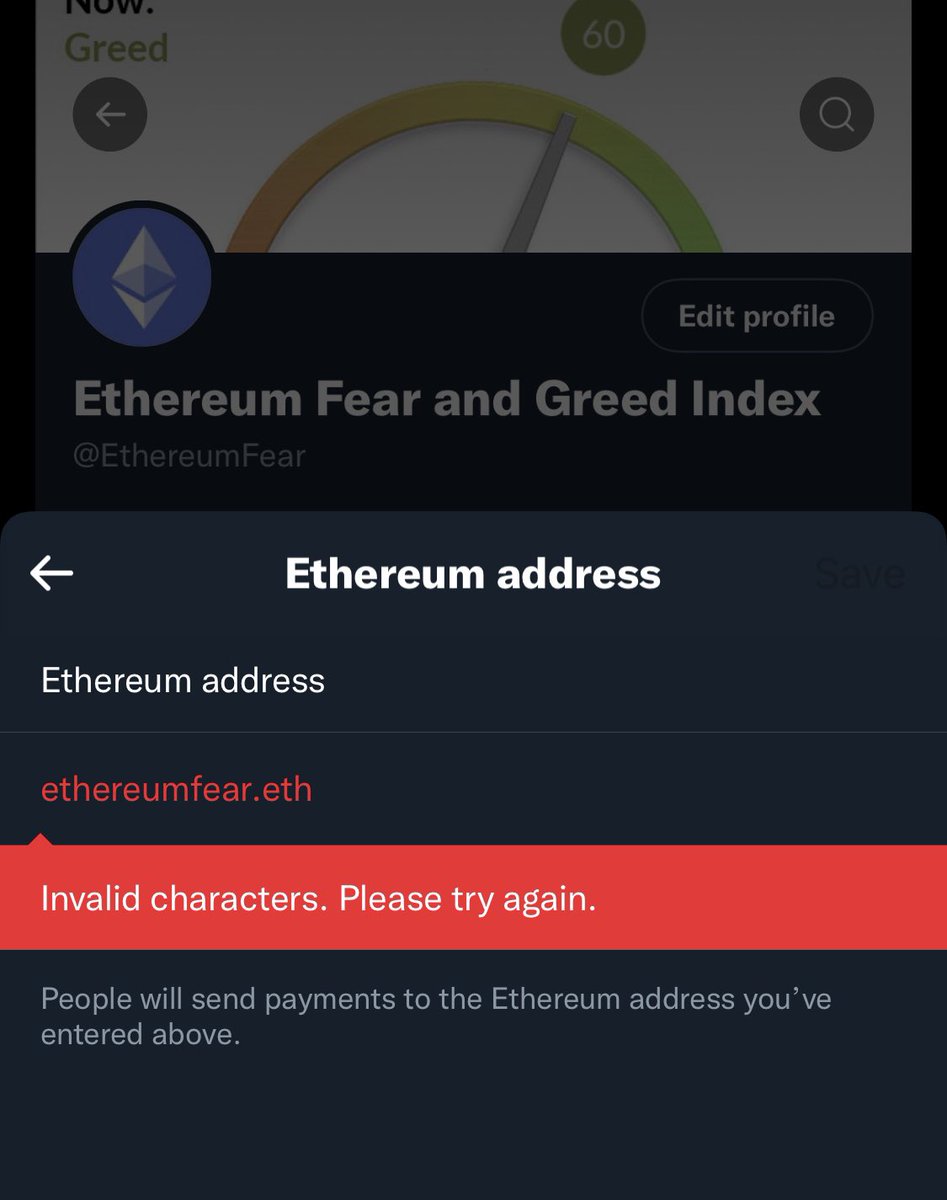 Breaking: Twitter just added Ethereum addresses to tipping. But no  @ensdomains support.