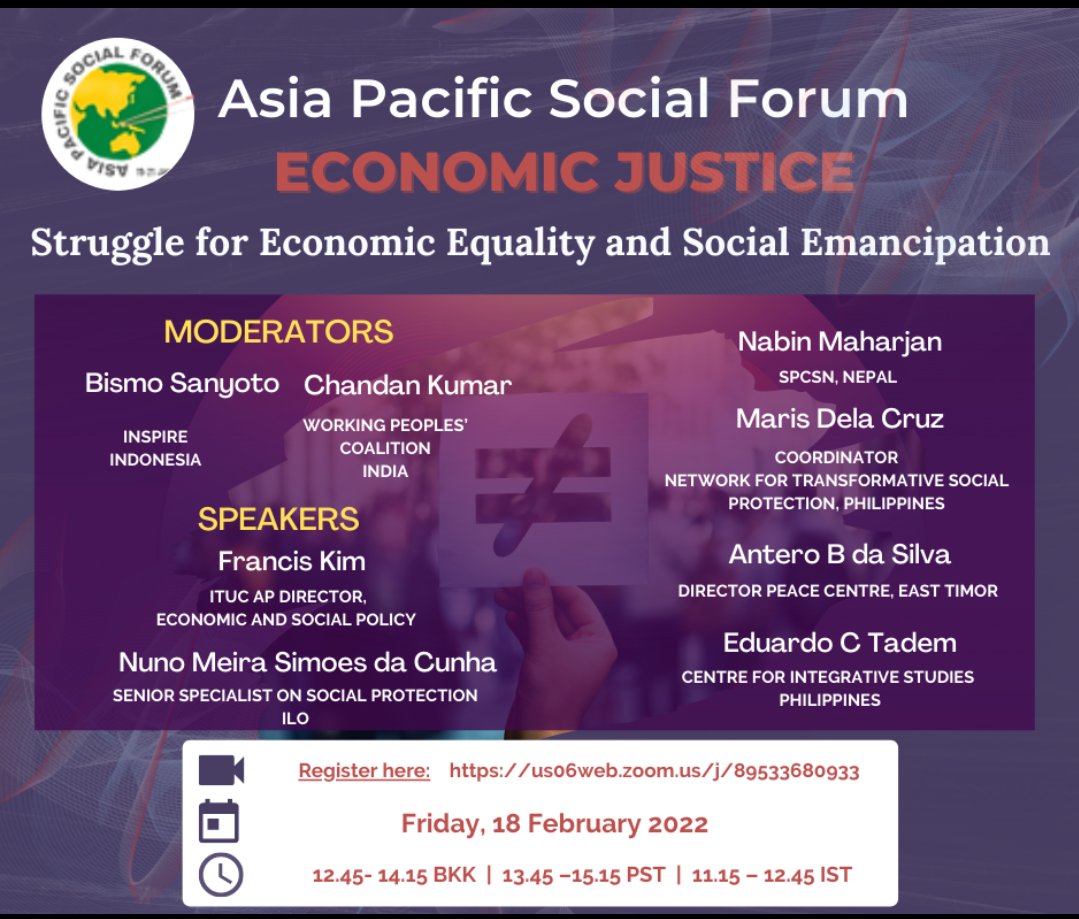 #AsiaPacificSocialForum2022 (18-20 Feb) is organsing panels on #workersdemands
 #UniversalSocialProtection #EconomicJustice #GigWorkers #Housing #HealthPrivatisation 

Plz participate in full strength!

For more information, plz go through this link:
asiasocialforum.net/flyers-february