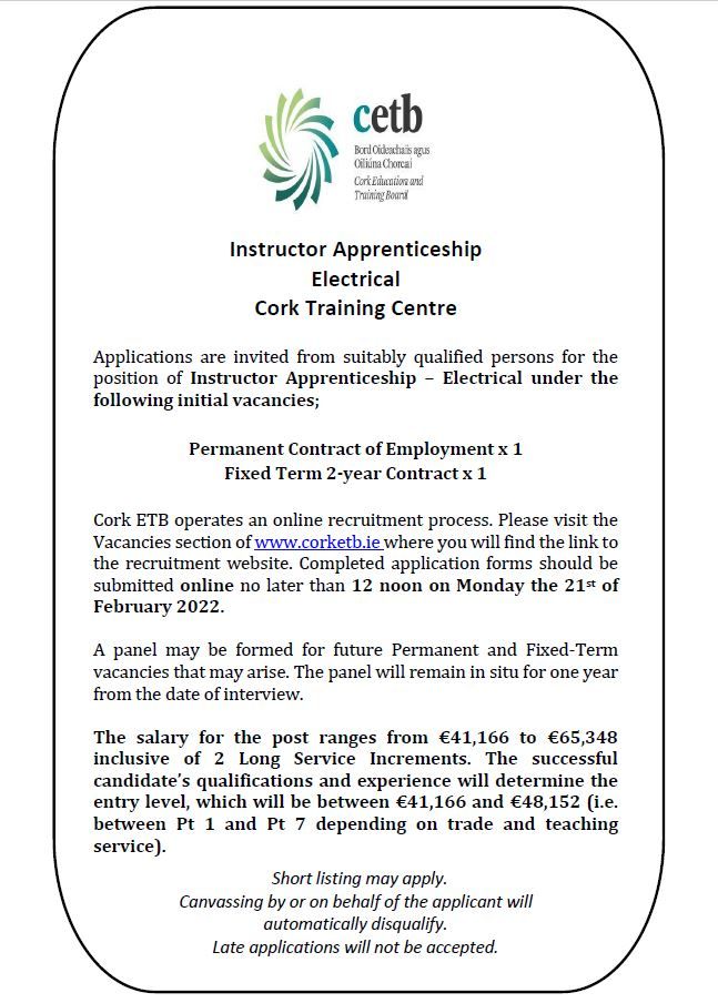 fionackennedy's tweet photo. We are actively and urgently recruiting for a number of Electrical Apprenticeship Instructors in  @FETbishopstown .F/P time and contract posts available, please share with your networks to assist us in this recruitment. Contact me for further information #generationapprenticeship https://t.co/tkIOh2fA1O