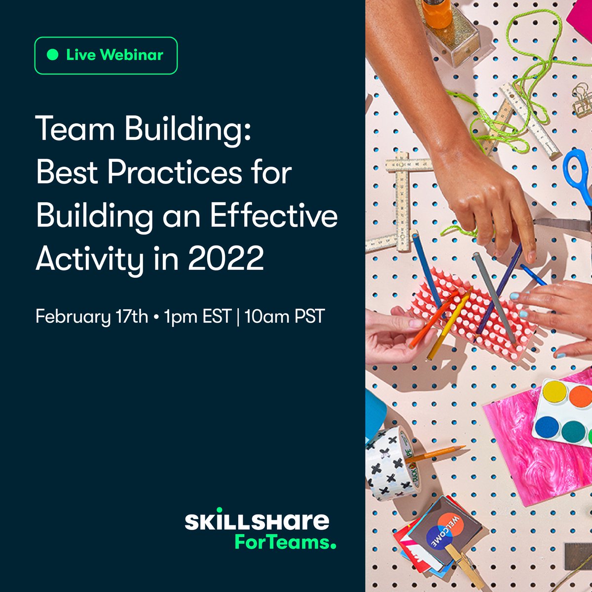 Looking forward to discussing effective team building with @Skillshare today! 

Register now at skl.sh/team-building to join us live and learn to create team activities that engage your team from anywhere.

#hybridwork #remotework #hybridteams #remoteteams #teambuilding