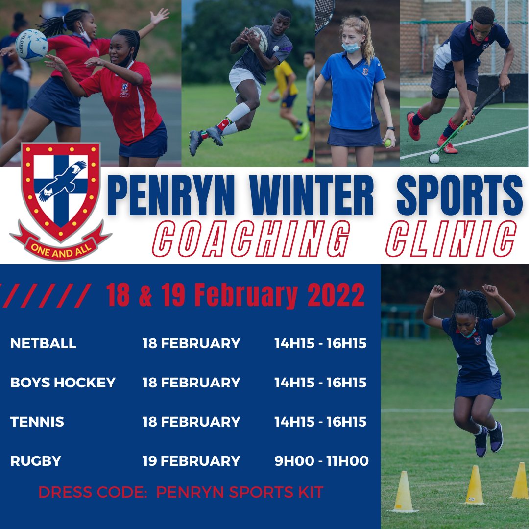 Penryn winter sports coaching clinic | 18-19 February
 🔴🔵⚪
18 February:
Netball🏐 (14h15-16h15)
Boys Hockey🏑 (14h15-16h15)
Tennis:🎾 (14h15-16h15)

19 February- Rugby🏉from 09h00-11h00.
Dress code: Penryn sports kit
See you there!!!
#penrynpride