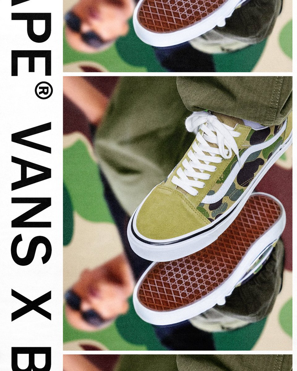 BAPEOFFICIAL's tweet photo. VANS AND BAPE REUNITE FOR 2022. JOINING FORCES FOR A SECOND FOOTWEAR AND APPAREL DROP, TOGETHER WE DRAW 
INSPIRATION FROM OUR CLASSIC SILHOUETTES AND THE LEGENDARY JAPANESE BRAND’S ICONIC PATTERNS AND STYLES.

@VANS
#BAPE #ABATHINGAPE #BAPECAMO

https://t.co/xYU05LDTzq https://t.co/lEa0Ryz3m8