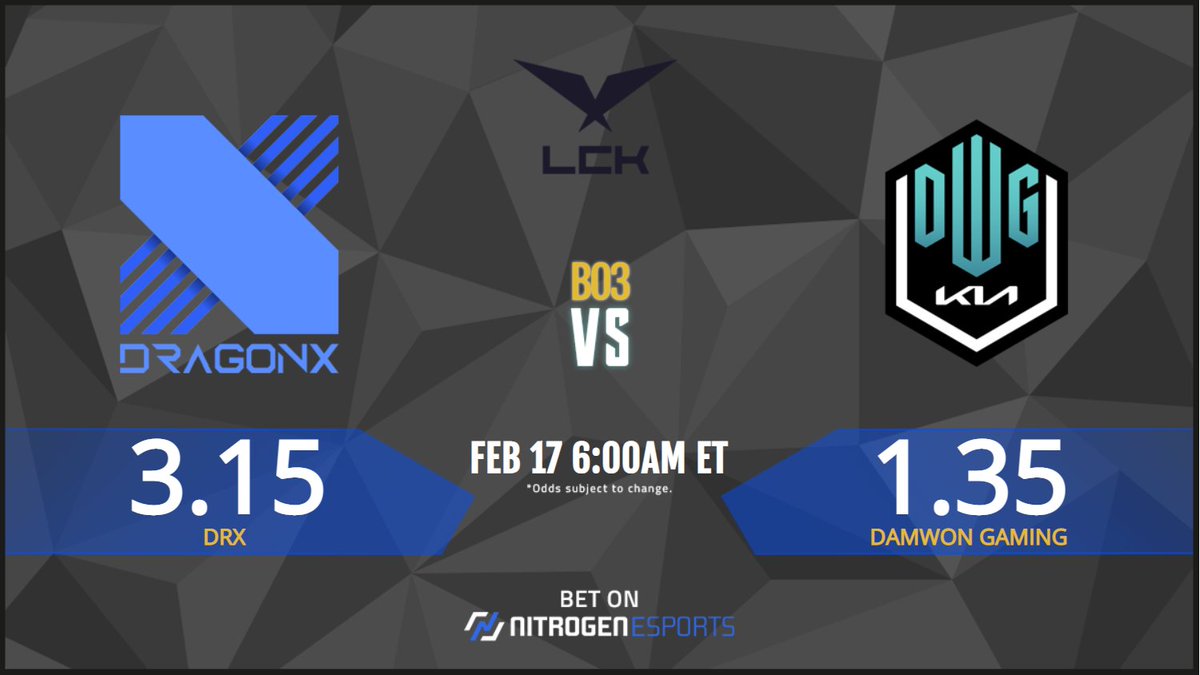 NitrogenEsports's tweet photo. #LOL match between DRX and Damwon Gaming begins in a few hours! 

Odds for the rest of #LCK Week 3 can be found at Nitrogen Sports: https://t.co/3LMxr3TWJ6 https://t.co/xweDXL6vfi
