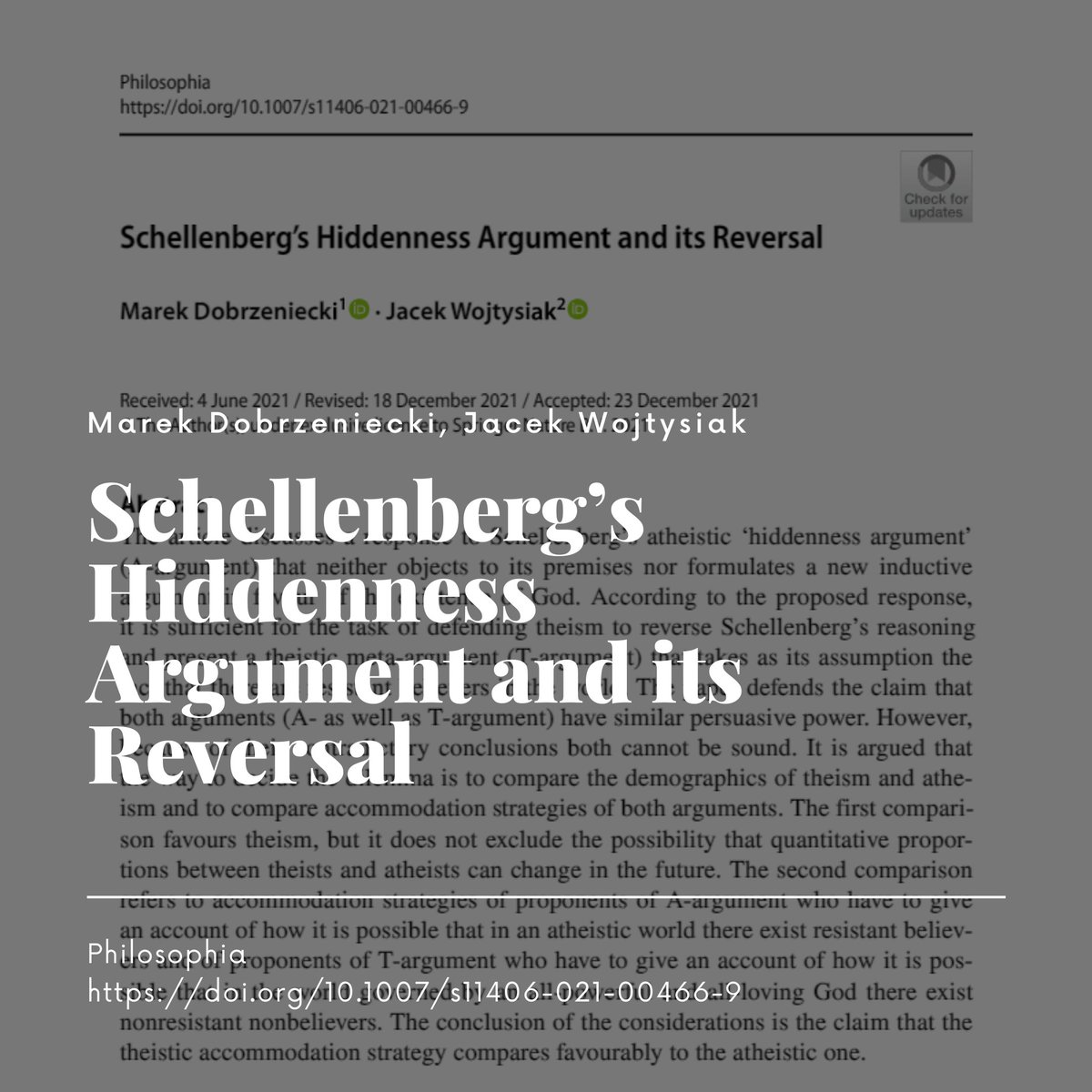 FilozofiaKUL's tweet photo. Odpowiedź na ateistyczny „argument z ukrytości” J. L. Schellenberga

Na stronie czasopisma "Philosophia" ukazał się artykuł Marka Dobrzenieckiego i Jacka Wojtysiaka pt. "Schellenberg’s Hiddenness Argument and its Reversal".
https://t.co/4lyY5ZtMJP https://t.co/Cs76wOTtbN