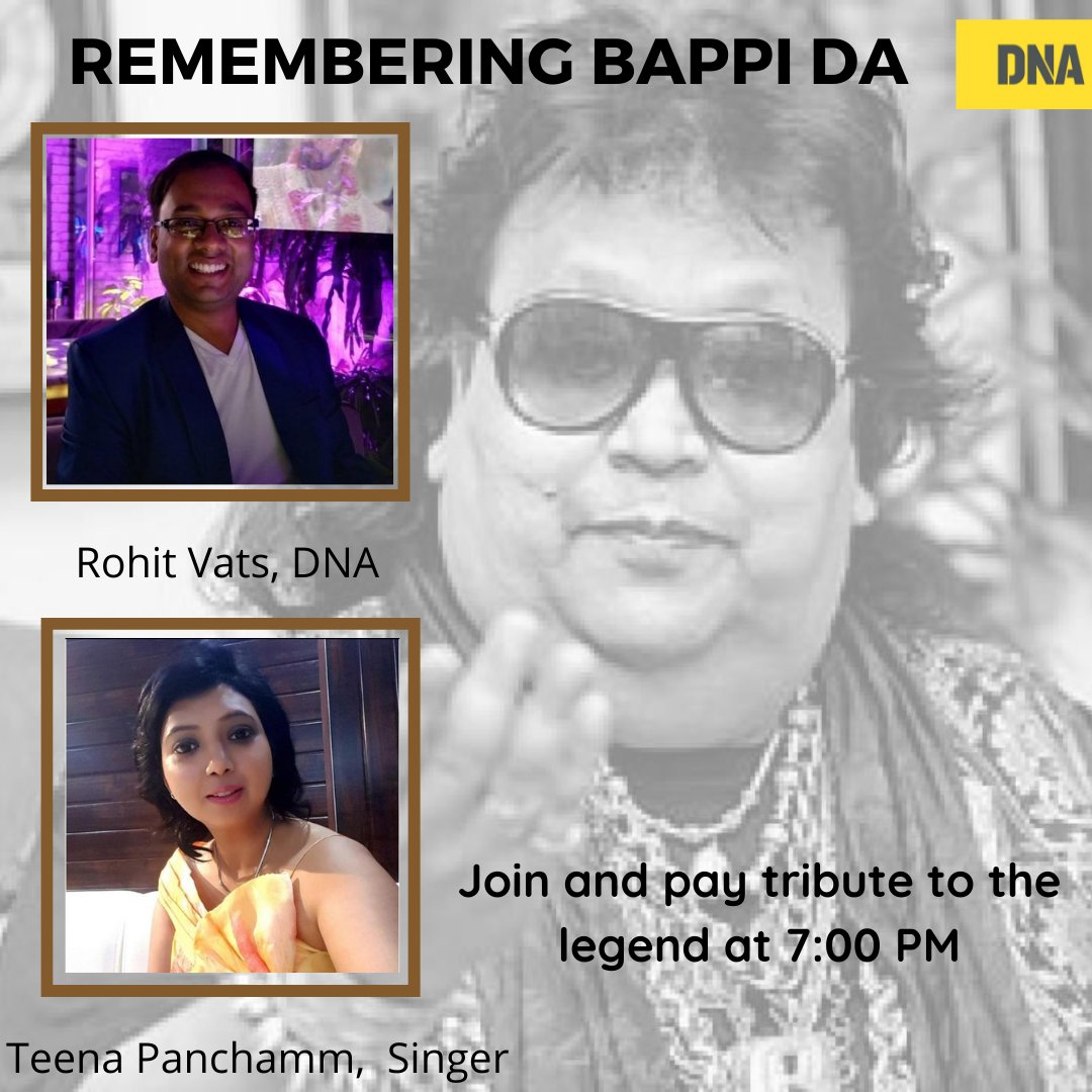 dna's tweet photo. To celebrate the life of one of India's most prolific composer and singer #BappiLahiri, join us as we pay a musical tribute to the legend at 7:00 PM.
@nawabjha | #RIPBappiLahiri | #RIPBappiDa https://t.co/578bb1tRI6