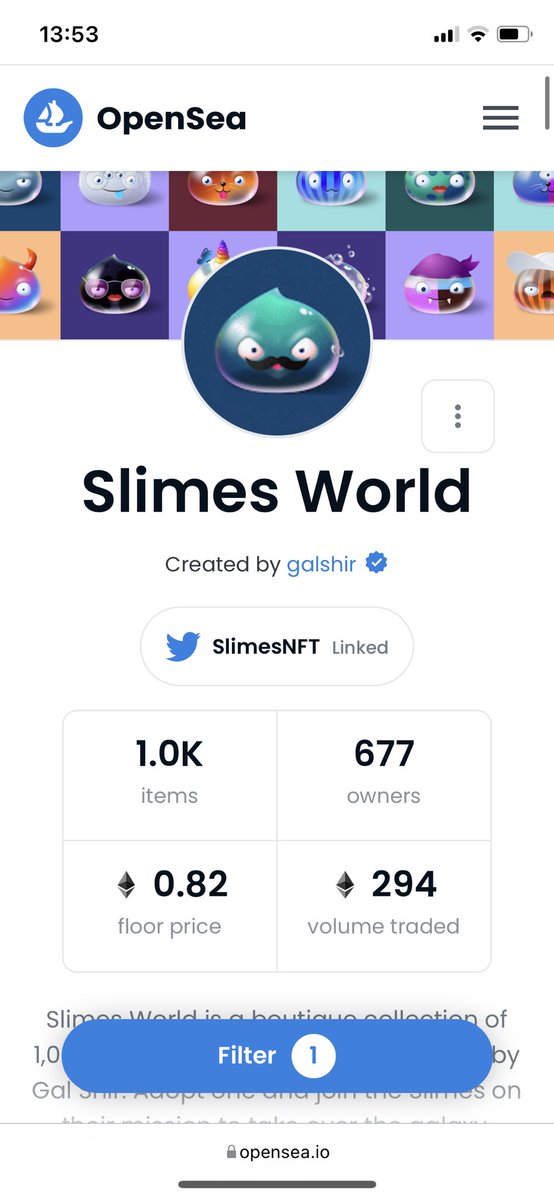 <a href="/SlimesNFT/">Slimes ✨</a> about to hit 1ETH soon <a href="/thegalshir/">New handle: @galshirart</a>. Im so happy this outstanding artist and his art are receiving the appropriate respect. So happy to be a part :) #nft
