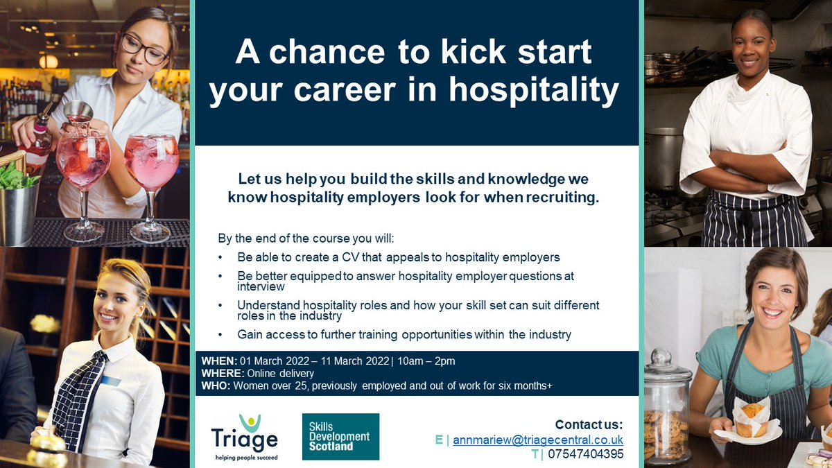 TriageRRR's tweet photo. Are you interested in the hospitality industry? Want to know more? Join us for a two-week hospitality course! 🍹🥪🍴

To find out more, contact Annmarie on 07547404395, or email annmariew@triagecentral.co.uk https://t.co/I8NXbTat9d