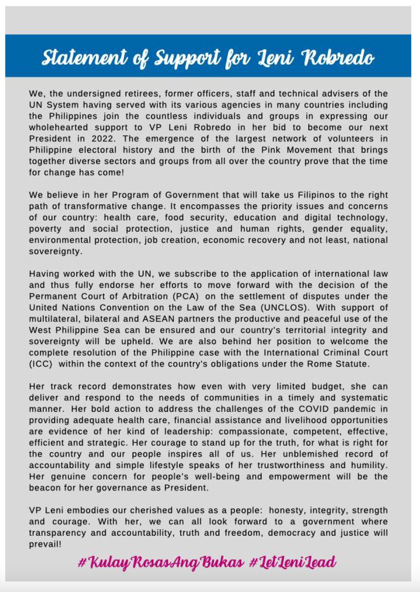 maracepeda's tweet photo. LOOK: 207 Filipinos who served as former officers, staff, technical advisers of the United Nations System endorse VP Leni Robredo for president. They join a growing number of sectors that have issued statements backing Robredo's presidential bid. #PHVote @rapplerdotcom https://t.co/8kXdw4Qh58