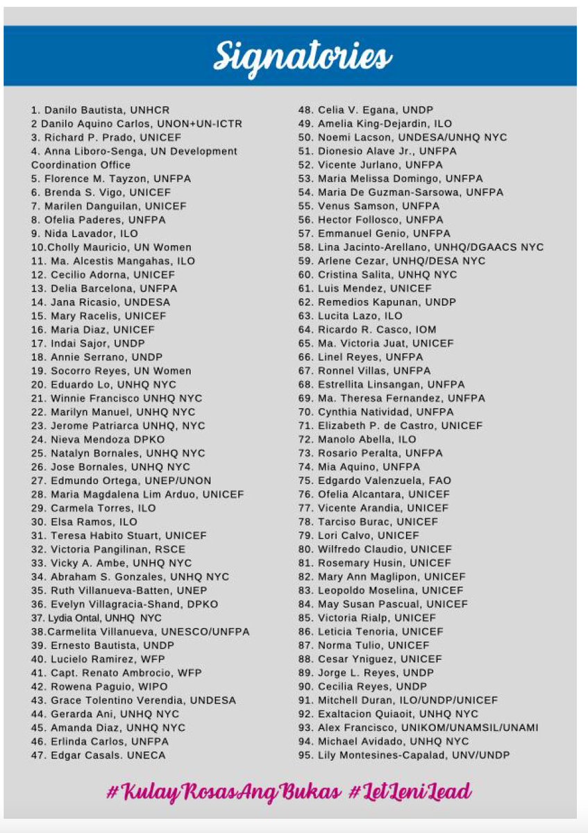 maracepeda's tweet photo. LOOK: 207 Filipinos who served as former officers, staff, technical advisers of the United Nations System endorse VP Leni Robredo for president. They join a growing number of sectors that have issued statements backing Robredo's presidential bid. #PHVote @rapplerdotcom https://t.co/8kXdw4Qh58
