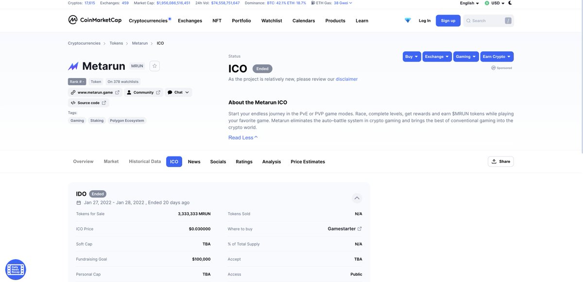 MetarunGame's tweet photo. As we get ready to launch the $MRUN rocket on 22nd Feb, Metarun's native token $MRUN has been listed on @CoinMarketCap 

Make sure to add it to your watchlist 

#IDO #GameFi #NFT #Gaming #Crypto https://t.co/yCsQG5gIAU