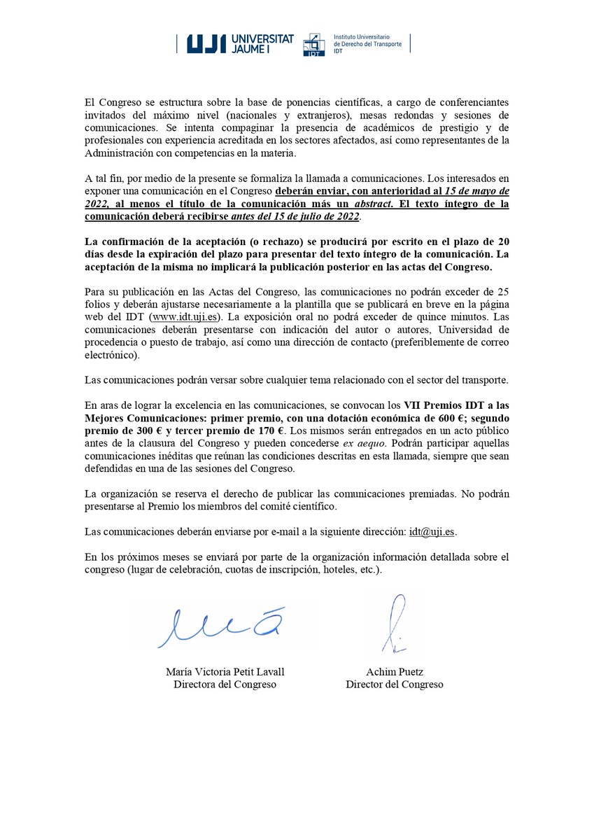 Los días 28 a 30 de septiembre de 2022 tendrá lugar el «VIII Congreso Internacional de Transporte: El transporte ante el desarrollo tecnológico y la globalización». Adjuntamos la llamada a comunicaciones. Próximamente, podrá encontrar más información en nuestra página web.