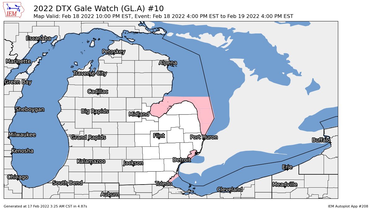 MidwestWeather3's tweet photo. DTX issues Gale Watch valid at Feb 18, 10:00 PM EST for Michigan Waters of Lake Erie from Detroit River to North Cape MI [LE] till Feb 19, 10:00 AM EST https://t.co/3zvZLvCkAt https://t.co/YC9IhgoNGW