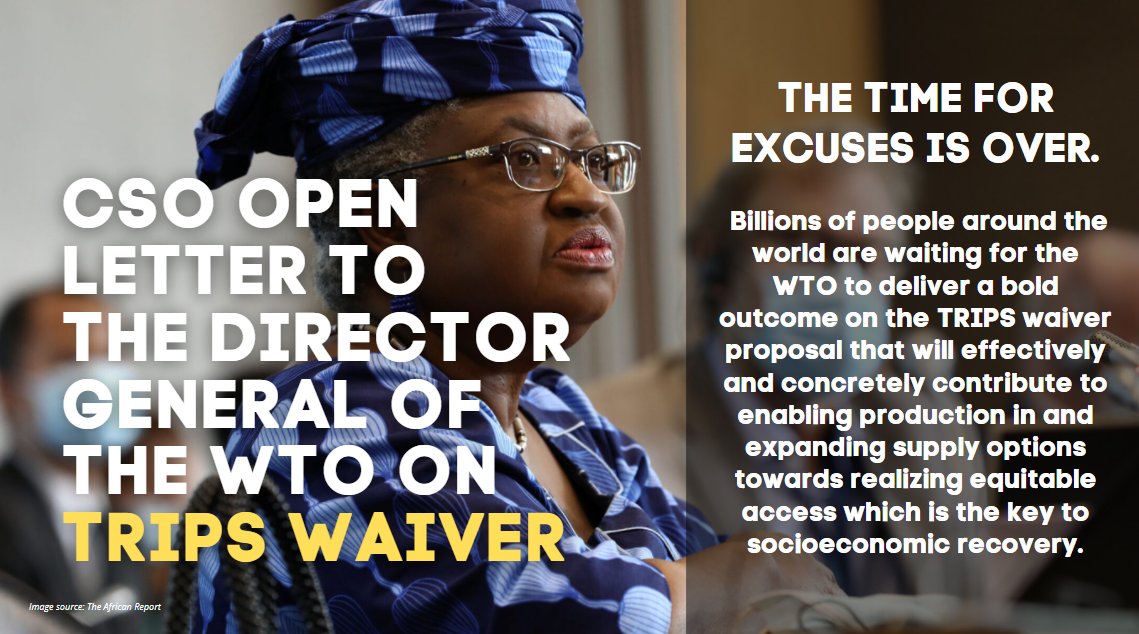 3rdworldnetwork's tweet photo. More than 200 CSOs call on @NOIweala @_AnabelG.
Time @wto to deliver a bold and meaningful outcome on #TRIPSWaiver that will concretely contribute to enabling production in and expanding supply options towards realizing equitable access. #MC12 #COVID19 
➡️https://t.co/0jXvLnmr1A https://t.co/IRY0Xn0mDA