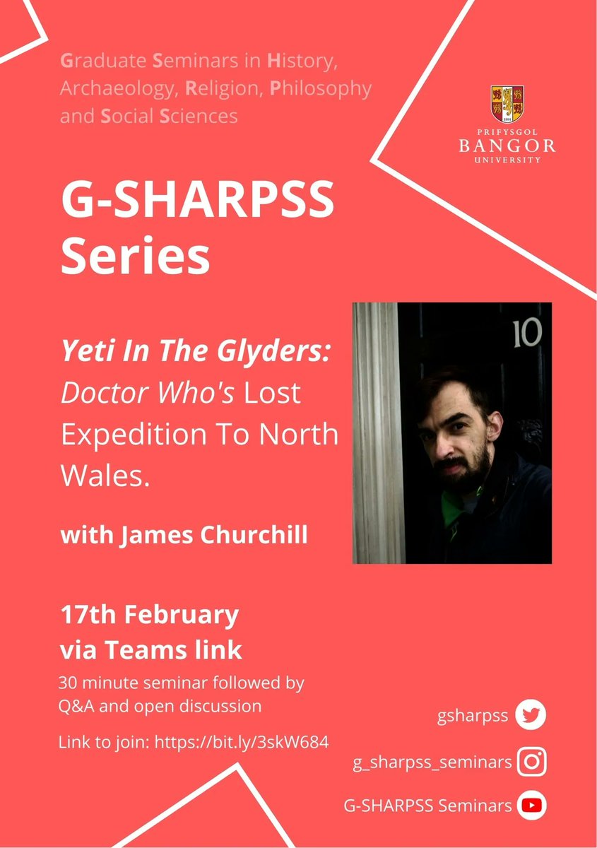 gsharpss's tweet photo. TODAY 17th Feb, at 6pm 👽🤠

A YETI IN THE GLYDERS? DOCTOR WHO?
Join us as we hear James Churchill

Open &amp; free to all!
Seminar Teams link:  https://t.co/JlUBrzShcD

#DoctorWho #Yeti #NorthWales 
@SHiLSSBU @BangorUni_PGR @ArthurBangor @PhilosophyBU @BangorSocSci @BangorHistory https://t.co/nxBIj8TxlI