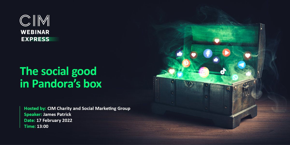 From the #committee we're on #Charity and #Social #Marketing #Group <a href="/CIMinfo_CSMG/">CIM Charity and Social Marketing Group</a> + #Chartered #Institute of Marketing's <a href="/cim_marketing/">CIM</a> #webinar is at 1pm today. #Join 'The #Social #Good in Pandora's Box'. #professional #upskill #socialgood