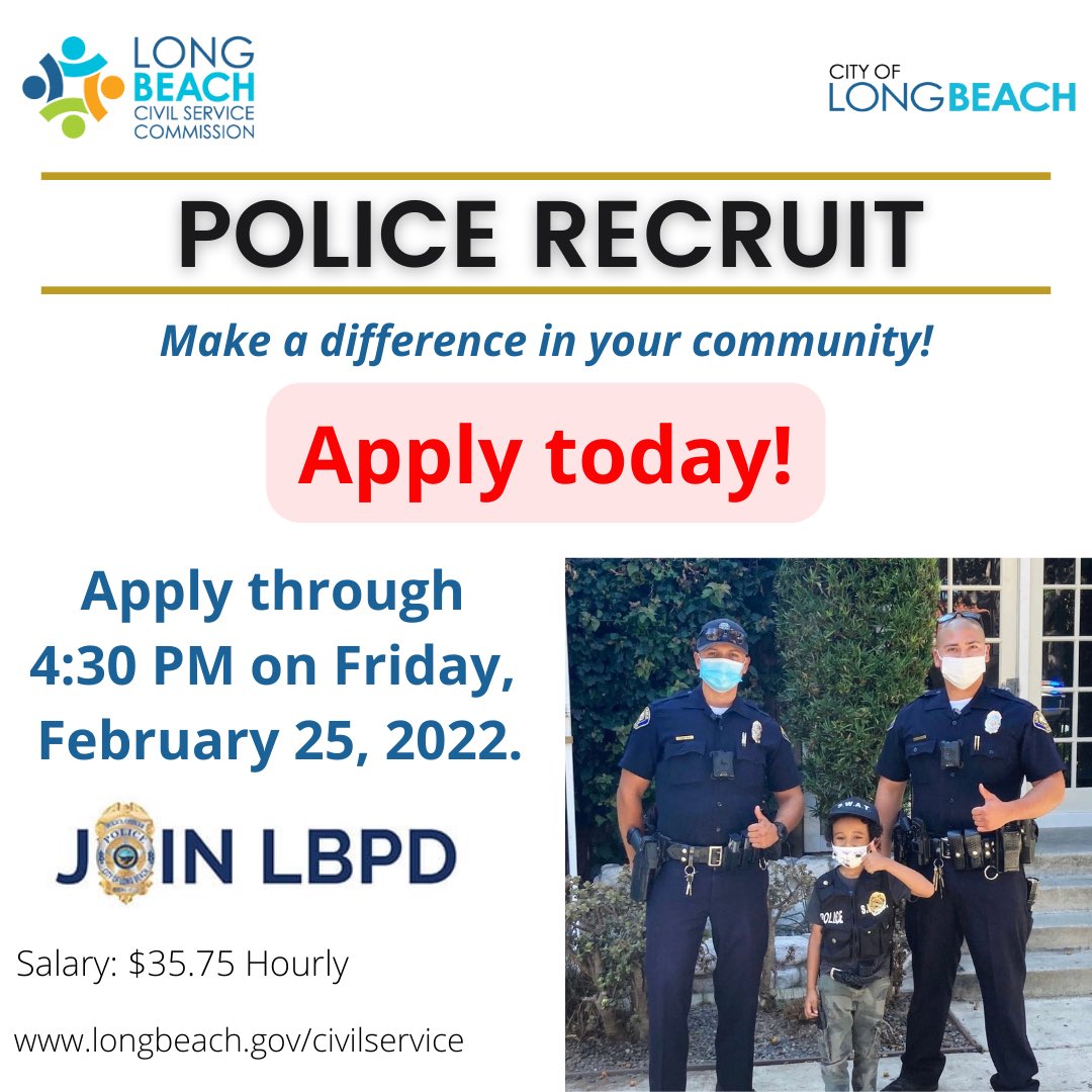 LBCityJobs's tweet image. Don’t put off your application for Police Recruit any longer! The application period was extended to 2/25/2022. Start a career where you can make a difference in the Long Beach community! Go to JoinLBPD.com to learn more. 🚓 #longbeachca #jobopportunities #JoinLBPD