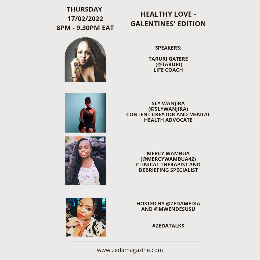 ZedaMedia's tweet image. What are your plans tonight from 8pm to 9.30pm? It&apos;s still the week of love and we want to talk all things healthy love with a great panel of amazing women speakers @Taruri @SlyWanjira and @mercywambua42 hosted by @mwendesusu 
Join us here! 
#ZedaTalks