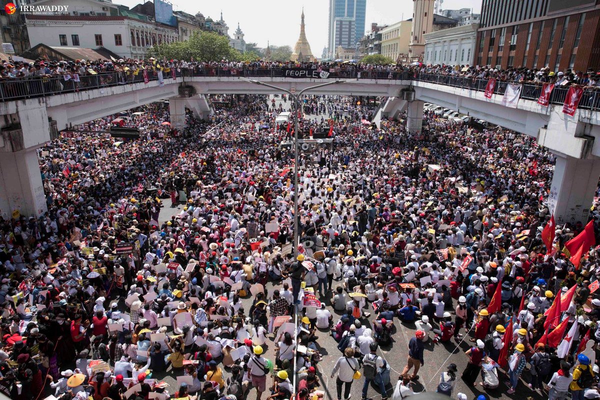 IrrawaddyNews's tweet photo. On this Day in 2021

Tens of thousands of Myanmar people took to the streets of downtown Yangon on Feb.17 last year to protest against the military regime, which seized power from the country’s elected government on Feb. 1. https://t.co/n8IHy8bCSj