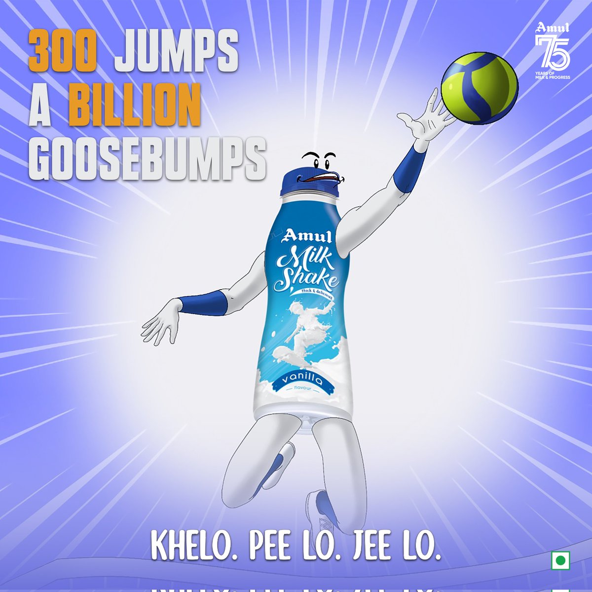 Amul_Coop's tweet photo. Passion makes us go crazy. A player jumping almost 300 times in each game of volleyball for instance. Celebrate the game with Amul Kool with loud cheers ruling the sky. Amul Kool #ServeKickSmash #TheLiquidSwag #PVL #PlayItKool https://t.co/ThVEtOQLCG