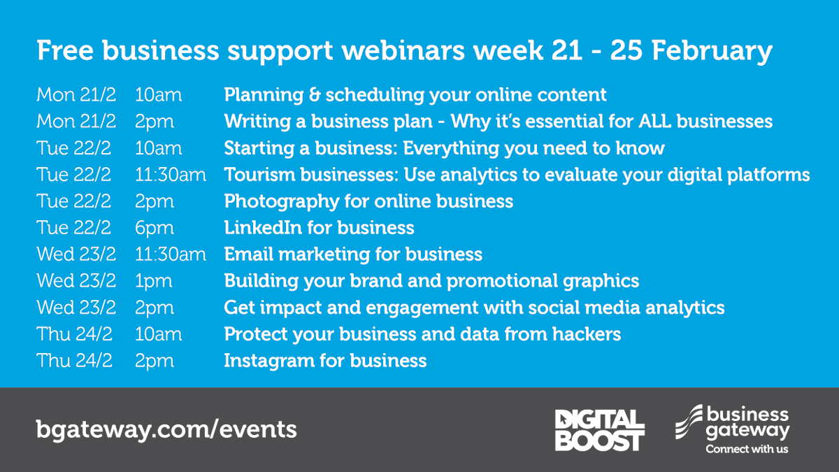 bgateway's tweet photo. Have you checked out our upcoming #business support webinars? 💻 We have a great selection for you to choose from.

Find out what's on between 21 - 25 February below &amp; grab your free space 👉 https://t.co/Fk7eWQmeUs 

#SupportScottishBusiness #DigitalBoost https://t.co/HNqILOLlrU