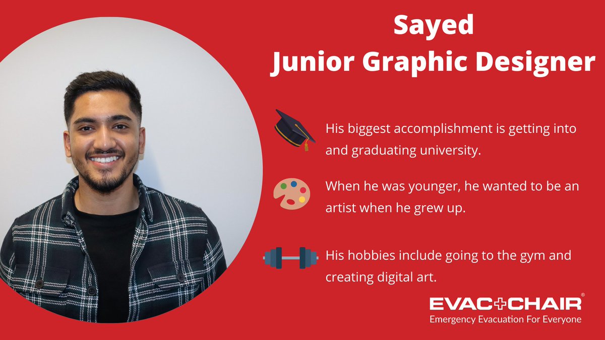 Evac_Chair's tweet photo. Introducing Sayed Miah, our Junior Graphic Designer.

Here are a few fun facts about Sayed!

#EvacTeam #MeetTheTeam #evacuation #healthandsafety #evacchair #evacuationchairs #emergencyevacuation #MobilityImpaired https://t.co/TWCpJdig7A