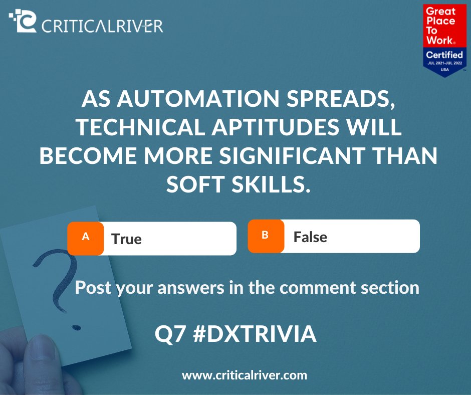 CriticalRiver's tweet photo. Q7 of #DXTrivia is here &amp; how! Post the correct answers in the comment section
Want to scale your career? Explore career opportunities with us here https://t.co/2v9hXT6mKi
#contestalert #quizchallenge #quizcontest #techopportunities #talentsearch #careergrowthgoals #techcommunity https://t.co/cy2CipV5jK