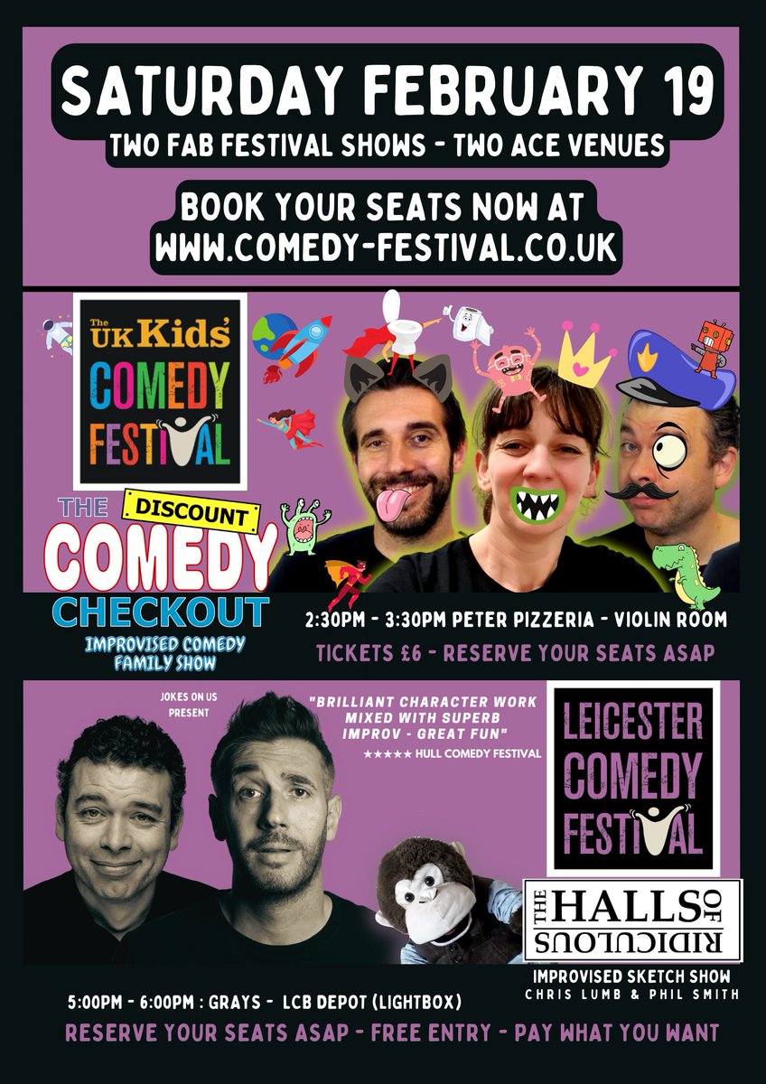 chrislumbcomedy's tweet photo. This Saturday we are bringing 2 shows to the @leicscomedyfest - improv family show with @comedycheckout @peterpizzeria then it's character sketch chaos with @HallsofRid @lcbdepot ! Grab your tickets at https://t.co/derJYiP0gy #leicester #comedy  #thingstodoinleicester https://t.co/TtrYSiqccp