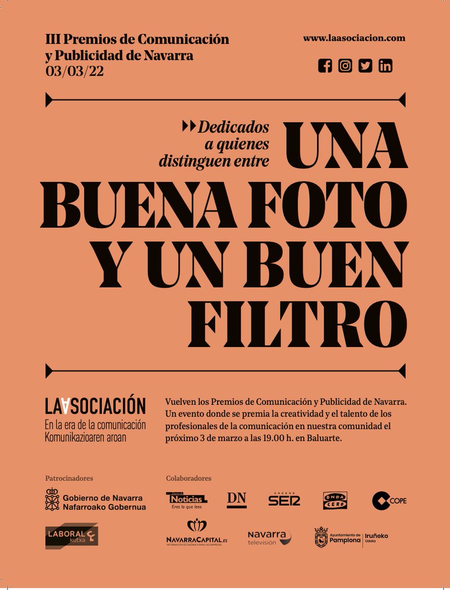 nackom_na's tweet photo. 🎖 III PREMIOS DE #COMUNICACIÓN Y #PUBLICIDAD DE #NAVARRA | Dedicados a quienes distinguen entre una buena foto y un buen filtro. 

‼️ ÚLTIMAS HORAS ‼️ para presentar las candidaturas. Fecha límite ESTE viernes, 18 de febrero.

✍️ [#INSCRIPCIÓN] https://t.co/IEgOh8Eeux https://t.co/O2TH8LwuMi
