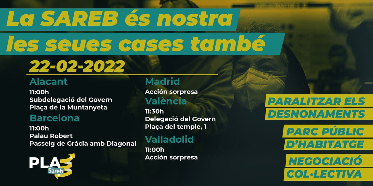 plasareb's tweet photo. ⚡️El dimarts 22.2.22

🗣Vine a dir-li a @sareb i a @desdelamoncloa que volem: 

🏘Negociació col·lectiva de tots els casos

🛑Suspensió de tots els procediments de desnonament

💥Totes les cases de @sareb al parc públic d'habitatges! https://t.co/eHYqrmQ0I8