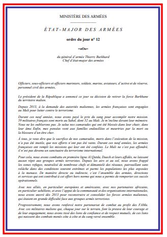 CEMA_FR's tweet photo. Ordre du jour n°12

« Le chef des armées vient d’annoncer la ré-articulation du dispositif militaire dans la BSS. Notre détermination à combattre le terrorisme dans la région est intacte.

Soyons fiers de ce qui a été accompli. Le combat continue ! ». https://t.co/A7uZpqzSFX