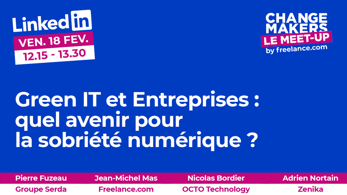 ✔️ Green IT &amp; Entreprises : Quel avenir pour la sobriété numérique ? #savethedate 
Nouveau meet-up, animé par <a href="/PPC/">PPC</a> et ces #ChangeMakers : <a href="/pfuzeau/">pierre fuzeau</a>, Jean-Michel Mas, <a href="/nbordi3r/">Nicolas Bordier</a>, <a href="/AdrienNortain/">Adrien Nortain</a>.
En direct sur #linkedin et #youtube 👇linkedin.com/video/event/ur…