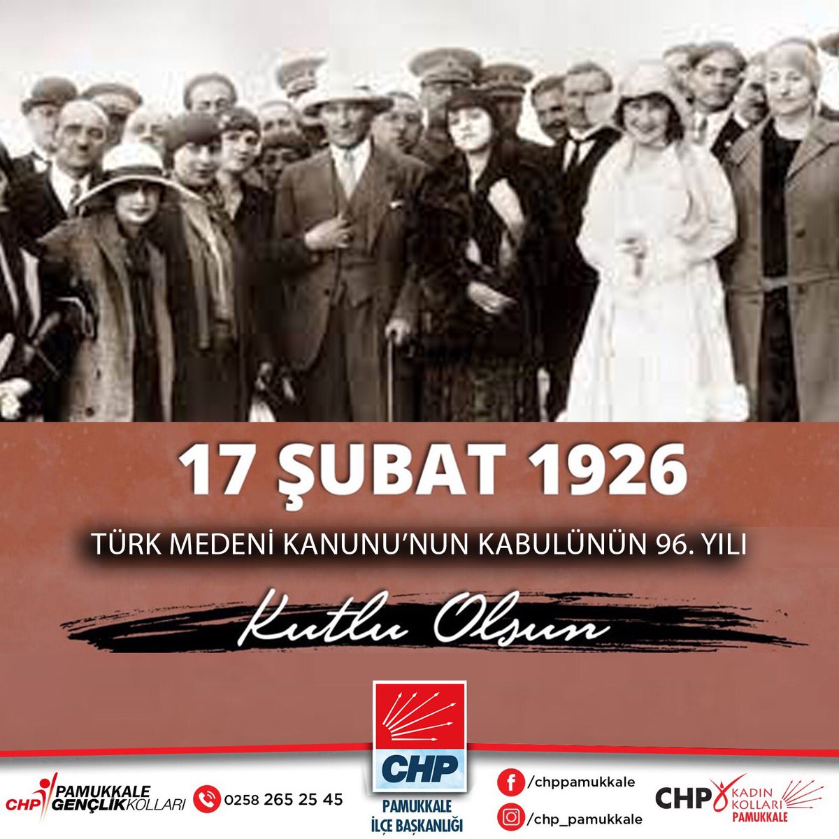 Kadınlarımızın erkeklerle eşit yurttaşlık hakkına sahip olması yolunda atılan en büyük adım olan Türk Medeni Kanunu’nun kabul edilmesinin 96. yılında Ulu Önderimiz Gazi Mustafa Kemal Atatürk’ü bir kez daha minnet ve saygıyla anıyoruz.