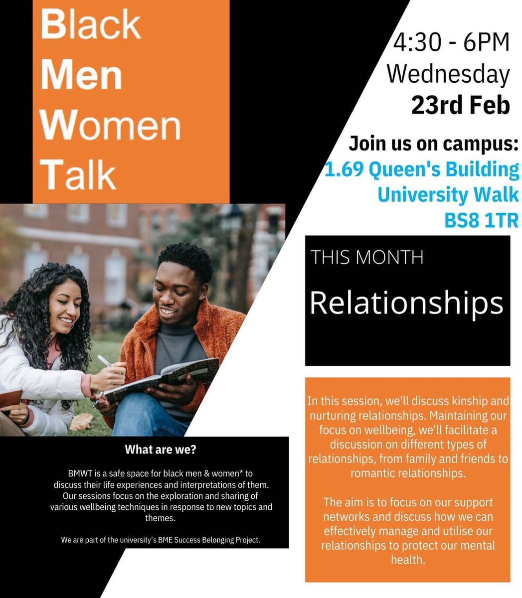 In next week’s Black Men Women Talk session, we’ll facilitate a discussion on different types of relationships, from family and friends to romantic relationships. 

Join us in discussing the importance of cultivating and maintaining support networks for your well-being. 🗣