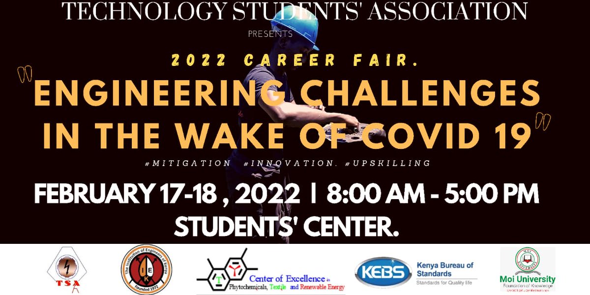 The Technology Student's Association presents the 2022 career fair themed "Engineering Challenges in the wake of Covid 19". 
Eng. Sammy Tangus will be speaking at the event,offering mentorship to the future generation of problem solvers!
<a href="/TSAMoiUni/">TSA Moi Uni</a> 
<a href="/MoiUniKenya/">Moi University - KE</a> 
<a href="/EngineersBoard/">Engineers Board of Kenya</a>