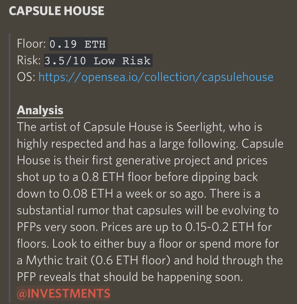 ~ CactusNFT Investment Recaps pt. 3 - Capsule House 🏠 

Called at 0.19 ETH 
Exited at: 2.3 ETH
Profit: 2.1 ETH+ 
Hold: 21 days

The best group for investments out there! 🌵

- RT &amp; Tag 2 friends for a chance on a Free Month!