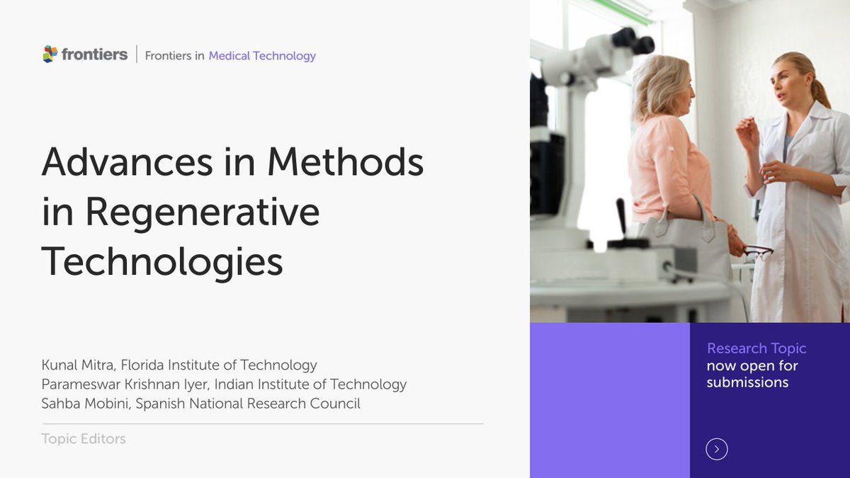FrontMedTech's tweet photo. π‘ Our new Research Topic looking at #regenerativetechnologies highlighting the latest experimental techniques and methods is now open for submissions!
Join our expert Editorial team in discussing this timely and important issue.
https://t.co/rf3lfIAIpr https://t.co/j1OLeO7Mzn