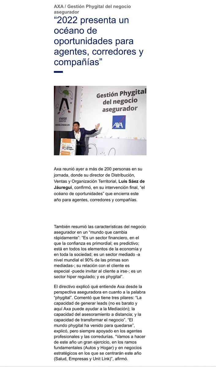 LSaezJauregui's tweet photo. 📣 #JornadaAXA en la Semana del Seguro 2022 del @Inese_seguros 
🌐
AXA / Gestión Phygital del negocio asegurador: 
«2022 presenta un océano de oportunidades para Agentes, Corredores y compañías»
👍🏼👌🏼
#SemanadelSeguro 
🔑
Léelo completo aquí:
https://t.co/NrY9vZJrKn https://t.co/hLfjnK3rdy