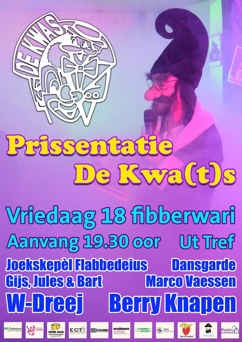 Morgenaovend organisere weej 'ne bónte aovend vol joeks en jen in ós residentie Feestzaal Ut Tref tiedes de prissentatie van ózze vastelaoveskrant, De Kwa(t)s.

Vanzelfspraekend is ederein veur dezen aovend van herte genuuejd.

#vastelaovend #Venlo #detisdekwas