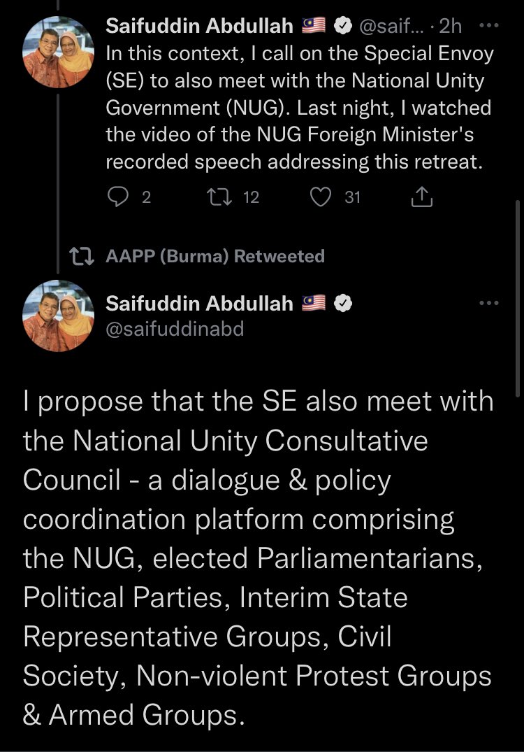 Malaysian foreign minister <a href="/saifuddinabd/">Saifuddin Abdullah 🇲🇾</a> calls for ASEAN Special Envoy Prak Sokhonn to meet with the National Unity Government (<a href="/NUGMyanmar/">National Unity Government Myanmar</a>) and the National Unity Consultative Council. The junta’s refusal to cooperate is only pushing ASEAN to engage with its opponents
