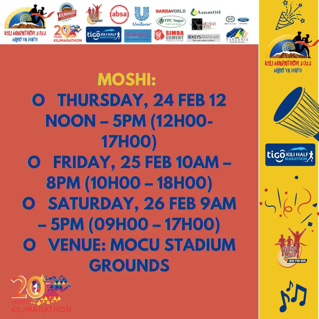 As we close in on the race day, here is the information you should know about collection dates and locations.
Tunapokaribia siku ya mbio, haya ndiyo maelezo unayopaswa kujua kuhusu tarehe na maeneo ya kukusanya nambari yako.

#20yearsofkilimarathon #kilimanjaromarathon